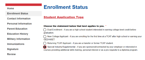 Select the Special Industry/Supplemental Student Application Type
