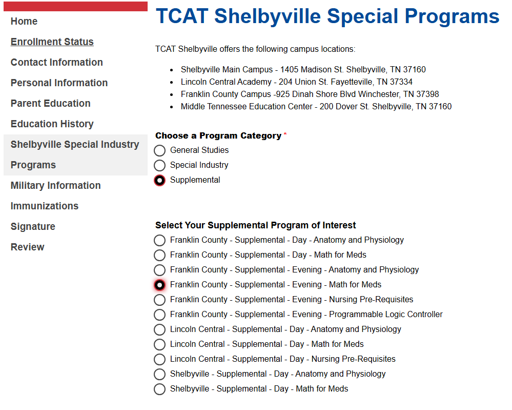Enter Shelbyville Special Industry Programs/TCAT Shelbyville Special Programs Information